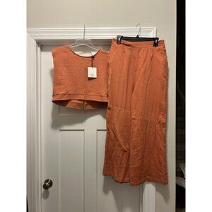 Orange Gauzy Pull On Straight Leg Pants & Zip Muscle Crop Top Women's Size Large